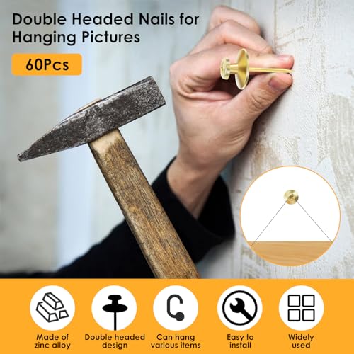 Image of Double Headed Picture Hanging Nails, 60 Pack Small Head Hanging Nails, Picture Photo Hanging Hook Pins Decorative Nail Hook Hangers for Home Office School (Gold)