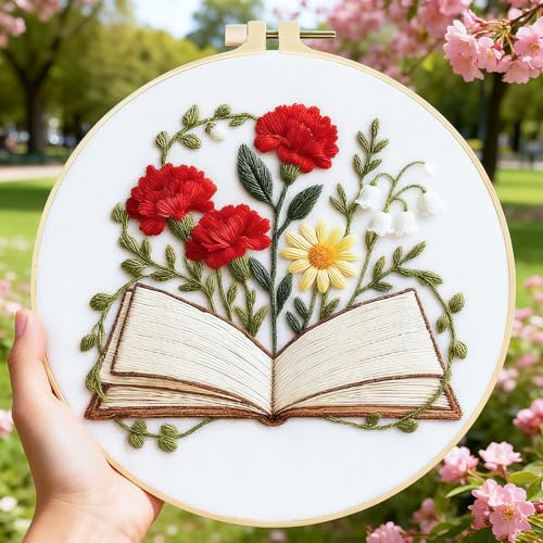 Image of BEUNITONE 6 Set Books Flowers Embroidery Kit for Adult Beginners with Hoops and Instructions Literary Themed Needlepoint Craft Kits Complete DIY Handmade Cross Stitch Set for Book Lovers Home Decor