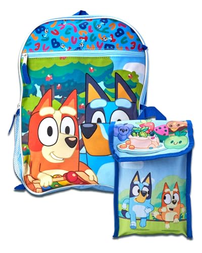 Fast Forward Bluey Kids Backpack and Lunch Box Set - 15 Bookbag Backpack for Boys & Girls with Detachable Lunch Bag Set Bluey Blue And Friends