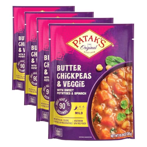 Image of Patak's Butter Chickpeas & Veggies, 10.05 Oz (Pack of 4) Mild Curry with Chickpeas, Spinach, Carrots, Ready to Heat Vegetarian Meals