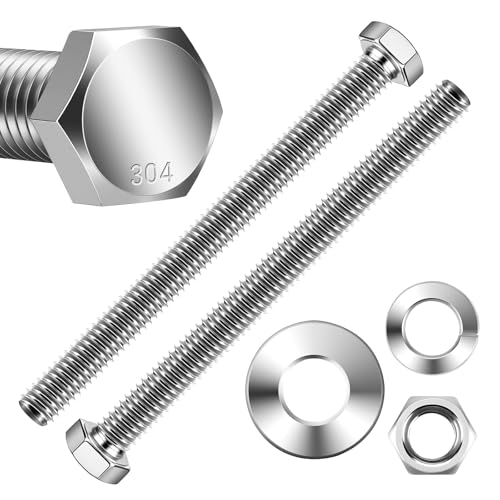 Image of Mellewell 1 /4-20 x 4 Hex Head Bolts with Hex Nuts and Thick Flat & Lock Washers, Fully Threaded, Stainless Steel 18-8, Plain Finish, 8 Sets