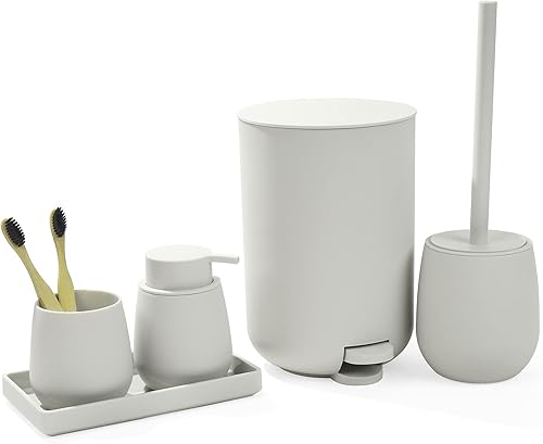 Juego de accesorios de baño pequeños de color beige y blanco con mini bote de basura de 3 litros0.8 galones, soporte para cepillos de dientes,