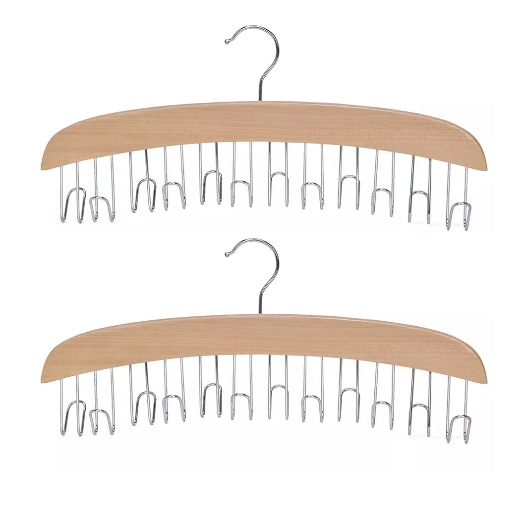 Multifunctional Wooden Belt Hanger with 12 Metal Hooks Medifier Wood Tie Scarf Rack Holder Hangers Organizer for Men and Women Closet Storage Display 2 Pack
