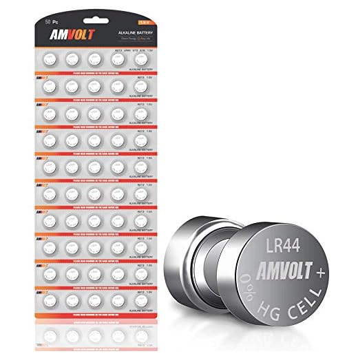 AmVolt- Pack of 50 LR44 Batteries AG13 SR44 357 303 Premium Alkaline Non Rechargeable Button Battery, 1.5 Volt Small Batteries for Watches Clocks & Electronic Devices (50 Pack, 50, Count)