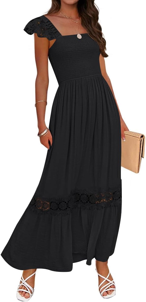 ZESICA Women's 2026 Summer Lace Strap Sleeveless Square Neck Smocked High Waist Ruffle Hollow Out Flowy A Line Maxi Dress