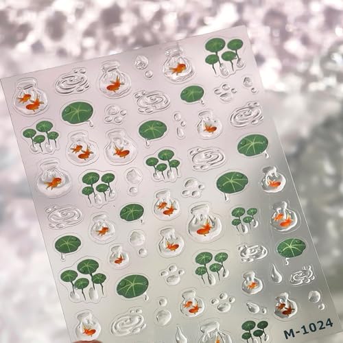 Image of 5D Embossed Goldfish Nail Stickers with Water Droplets Design Self-Adhesive Lotus Leaf Nail Art Decals for Women Manicure Decorations Supply