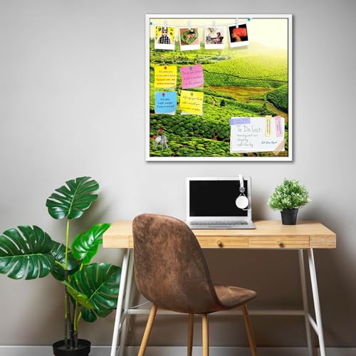 Image of ArtzFolio Tea Plantations, Munnar, Kerala | Bulletin Board Notice Pin Board | Vision Soft Board Combo with Thumb Push Pins & Sticky Notes | White Frame | 16 x 16 inch (41 x 41 cms)