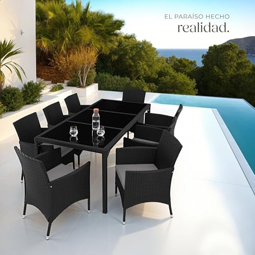 tectake® Conjunto Jardín Exterior de Ratán y Acero con Cojines, Muebles Jardín Exterior Resistentes a Intemperie, para hasta 8 Personas, Fácil Limpieza, 2 Fundas + 1 Protectora - Negro/Gris - imagen 8