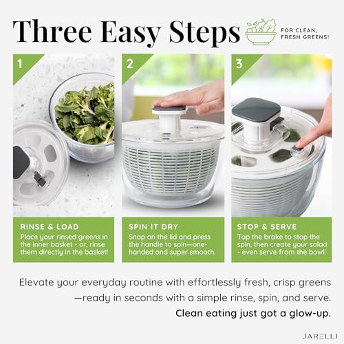 JARELLI Glass Salad Spinner with Storage Lid, 6 Quart Borosilicate Glass Bowl, Push Button Drying Lid, BPA-Free Draining Basket Doubles as Serving Bowl & Colander, Lettuce, Vegetable, & Fruit Washer by JARELLI - Image 7