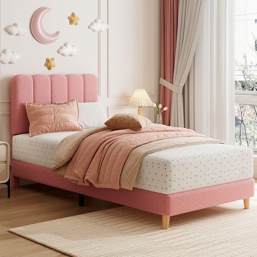 GarveeHome Twin Bed Frame, Boucle Upholstered Platform Bed with Wave Headboard for Girls/Kids, Easy Assembly, Wooden Slats Support, No Box Spring Needed, Light Pink