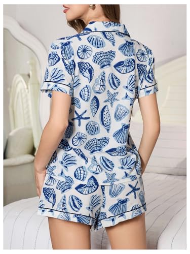 Image of MakeMeChic Women's 2 Piece Pajama Set Graphic Short Sleeve Button Down Shirt and Shorts Set Sleepwear