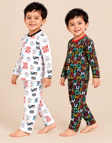 Image of 3BROS Kids Pure Cotton Night Suit Set | Boys Girls Printed Sleepwear Shirt & Pajama Clothing Combo | Soft Breathable Night Dress Outfit | Pack of 2