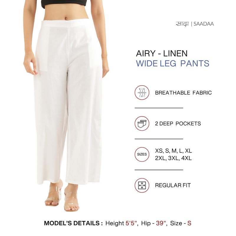 Image of SAADAA Women's Relaxed Fit Mid Rise Airy Linen Wide Leg Pants, High Waist Trousers for Formal, Casual & Office Wear