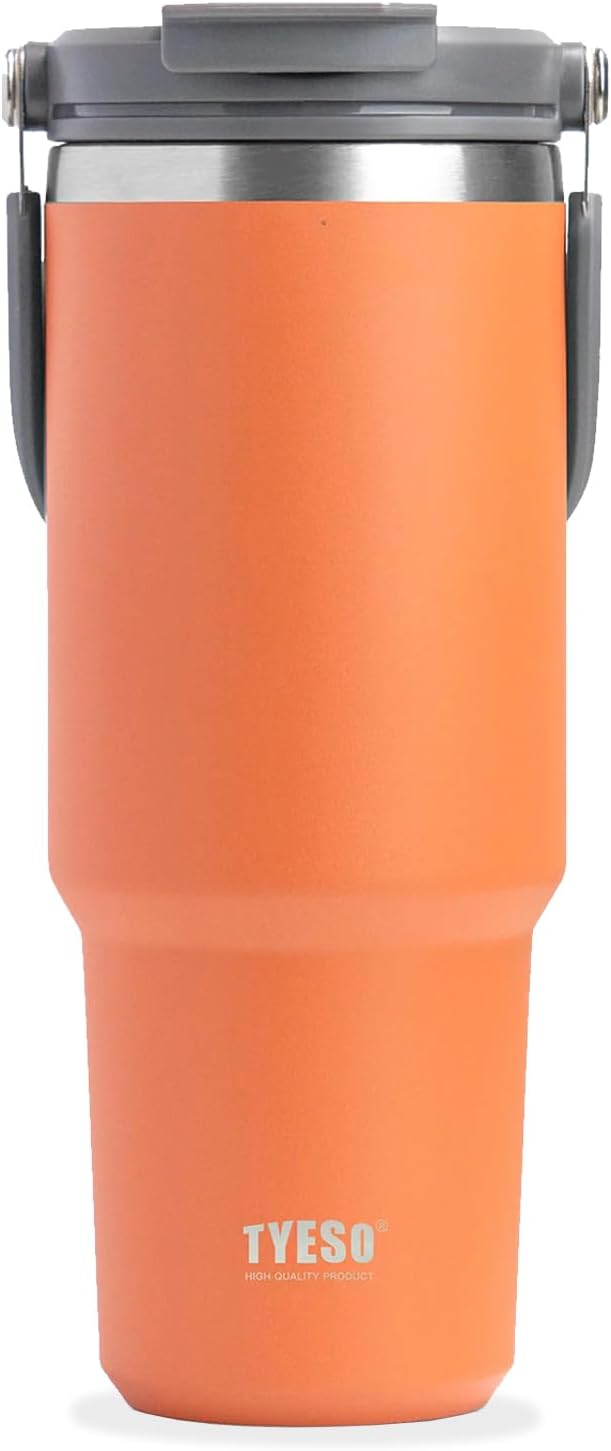 TYESO 30oz Tumbler with Handle and Straw Lid, Insulated Stainless Steel Double Walled Vacuum Water Bottle for Office, Home, Sport or Car, Travel Mug for Hot and Cold | Adventure Collection (Orange)