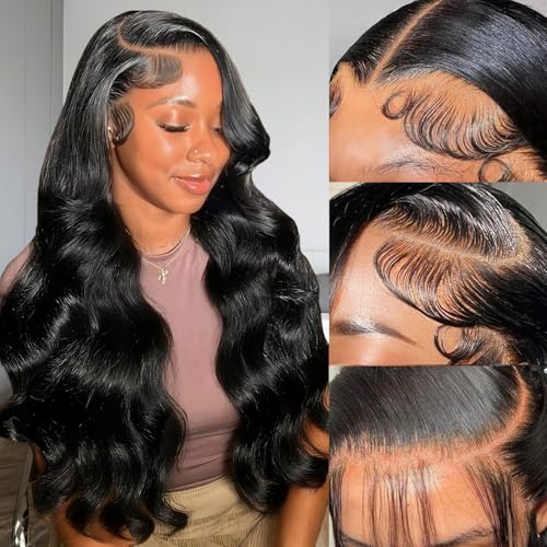 Body Wave Lace Front Wigs Human Hair Pre Plucked 13x6 Lace Front Wigs Human Hair Real 180% Density HD Transparent Frontal Glueless Wigs Human Hair for Women with Baby Hair Natural Black 22 Inch