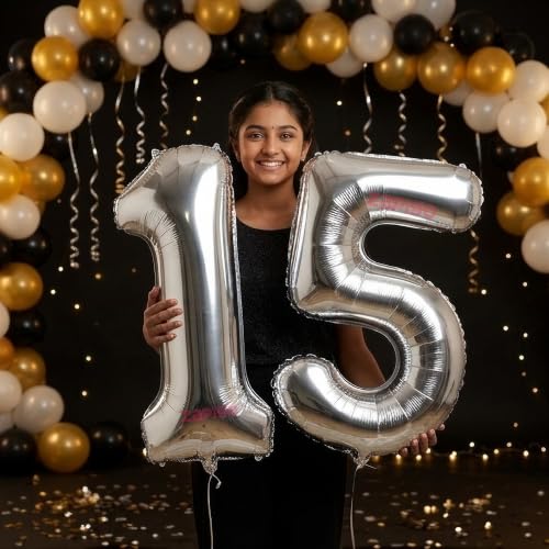Image of Balloonistics Silver 40-Inch Foil Number 15 Balloon - Helium or Air Fill for 15th Birthday, Anniversary Party Decoration, Photo Booth Backdrop, Cake Table Decor