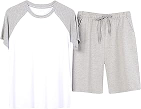 Schlafanzug Herren Pyjama-Set Sommer Kurzarm T-Shirts Und Schlafshorts Zweiteiler V-Ausschnitt Freizeit Loungewear Baumwolle Nachtwäsche Set Mit Taschen Rundhals Sleepshirt Flache Schlafanzughose