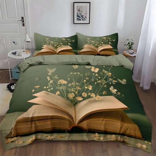 Set Copripiumino Reversibile con Federa Singolo Pagina di libro fantasy Uccello volante Set di Biancheria da Letto Moderno, 1 x Copripiumino 150 x 200 cm e 2 x Federa 50x80 cm colore: Verde chiaro