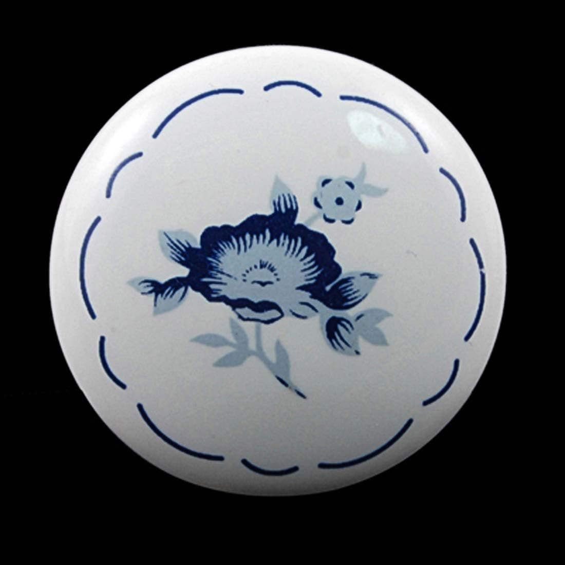 uxcell White Blue Flower Prints Ceramic Cupboard Closet Knob Handle