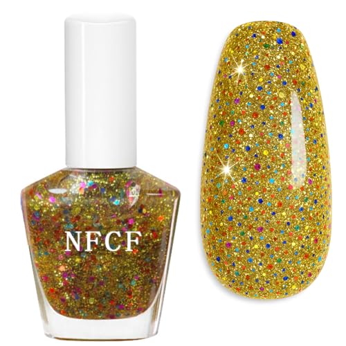 Gold Glitter Nail Polish - Sparkling Gold Nail Varnish,Flash Shinny gold Polish Quick Dry Sparkle Nail Paint, Long-Lasting Shimmer Nail Varnish for Glamorous Manicure No Need Baking