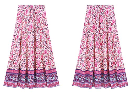 R.vivimos Womens Summer Cotton Vintage Floral Print Boho Casual Ruffled Flowy Midi Skirt (Small, Whitepink) #TOP5