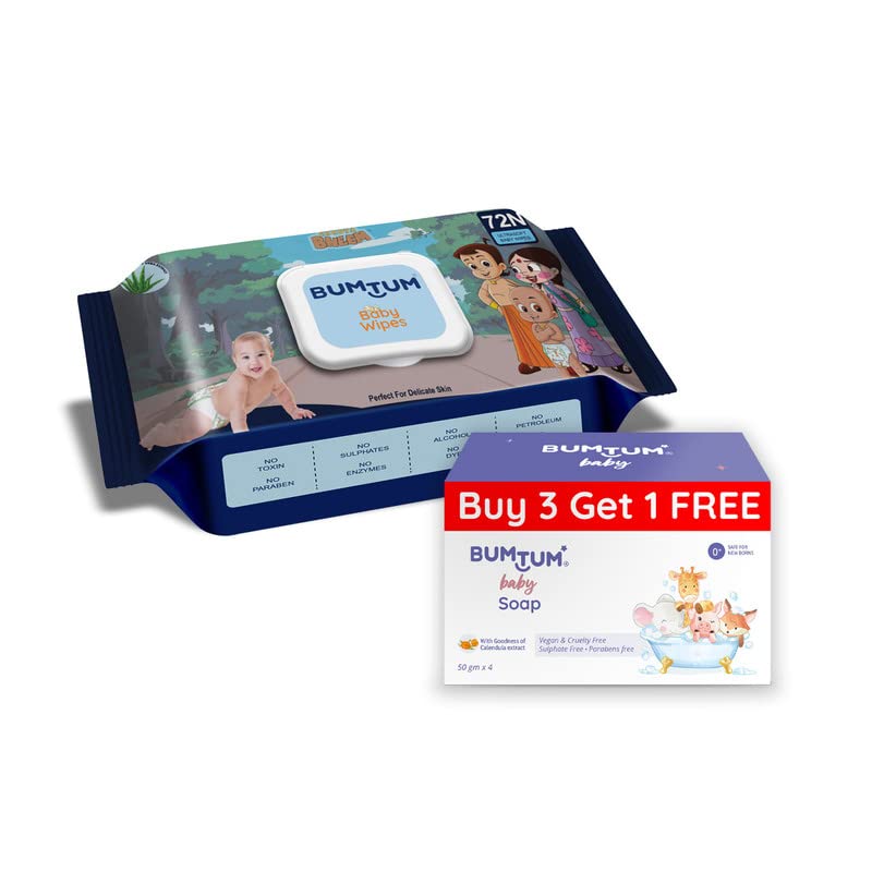 Image of Bumtum Chota Bheem Gentle Soft Moisturizing Wet Wipes With Lid - 72 Pcs.(Pack of 1) & Baby Soap (4N x 50 Gram) Combo