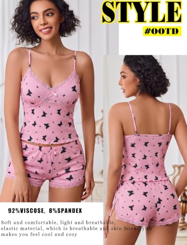 Image of Avidlove Women's Soft Ribbed Knit Cami Pajama Set Sexy V Neck Lace Trim Sleepwear Side Slit Shorts Lingerie Nightwear
