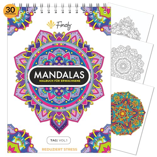 Finoly Mandala Malbuch für Erwachsene Reduziert Stress Mit 30 Designs | Mandala-Malbuch für Erwachsene und Kinder im A4 | Mandalas für Erwachsene Kein Durchdrücken der Tinte | Spiralbindung