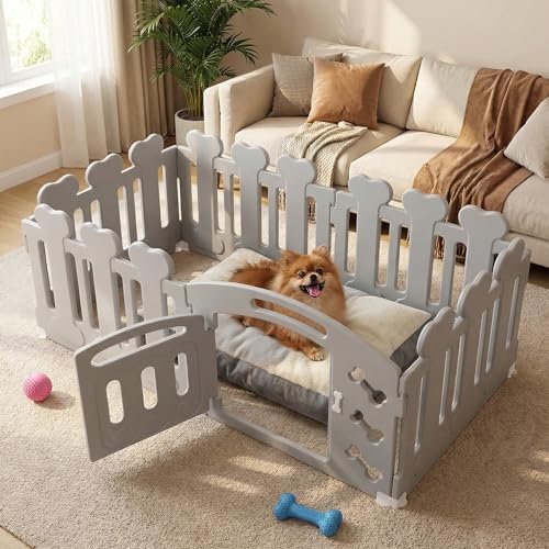 MAMIZO Recinto per Cani da Interno Esterno alto 60cm, Box per Cani 5+1 PCS Pannelli, Recinzione Gatti Pieghevole, Recinto Gatti in Plastica con Cancello, Incluse Ventose e Ancoraggi a Terra, Grigio