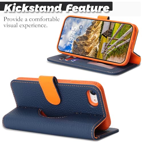 Image of Detachable Genuine Leather Case for iPhone SE 2020 /SE 2022 /7 /8 Wallet Case Magnetic 2in1 Removable Flip Cover Book Purse Compatible with Magsafe Charging Stand Card Holder-Navy Blue+Orange
