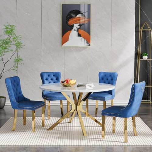 Image of 5-Piece Round Dining Table Set for 4, Luxury Faux Marble Kitchen Table Set for 4 with Blue Velvet Chairs, 45 inch Circle Dining Room Tables with White Marble Top and Gold Stainless Steel Cross Legs