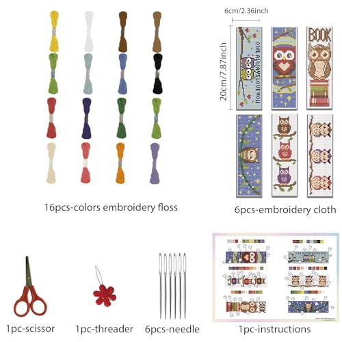 Image of FREEBLOSS 6 Set Bookmark Cross Stitch Kits with Instructions Owl Pattern Punch Needle Kit for Beginners Bookmark Making Kit for Gift