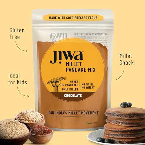 Image of Jiwa Millet Pancake Mix | 200 G | Chocolate | Makes 10 Pancakes | Ready to Cook | Instant Breakfast Mix for Kids | 100% Millet | No Maida, No Wheat | Gluten Free
