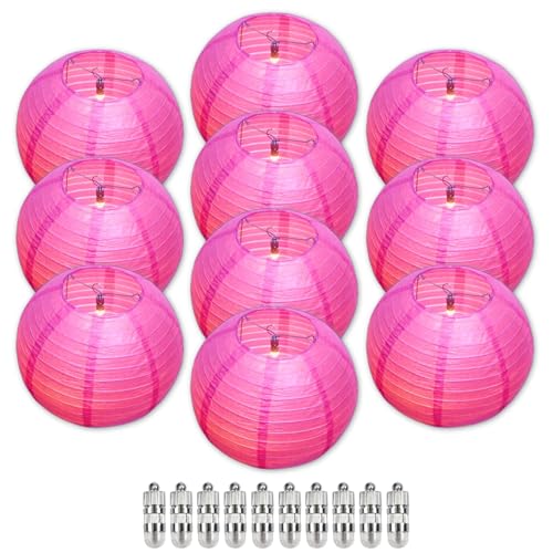 Image of Rose Red Chinese Paper Lanterns with LED Lights, 10-Pack 12inch | Hanging Lights for Wedding & Anniversary, Birthday Decorations, Ceiling Decor & Home Party