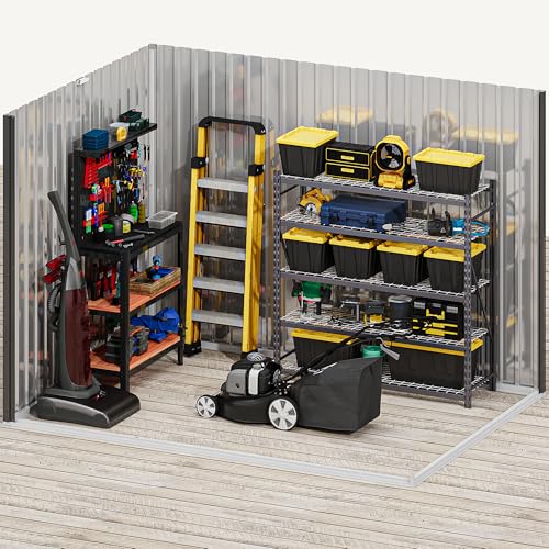 Image of DWVO 8x6ft Large Tool Storage Shed with Window, Lockable Doors, and Sloped Roof, Oversized Steel Outdoor Storage Shed for Garden, Patio, Garage, Backyard, Lawn - Gray & White