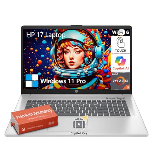 Image of HP 17 Inch Laptop Touchscreen, 17.3 Touchscreen Laptop, AMD Ryzen 5(6-Cores), 16GB RAM 1TB SSD, Windows 11 Pro, 10-Key Number Pad, Copilot Key