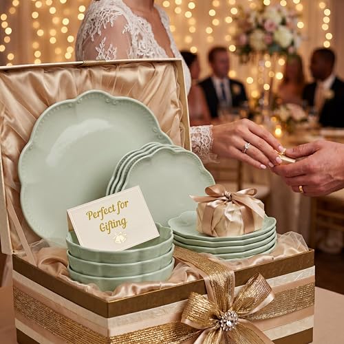 Image of Sango 12 Pieces Scalloped Dinnerware Set, Sage Green Dishes for 4, Premium Serving Plates & Bowls Sets, Chip Resistant, Ceramic Dishware, Kitchen Dish, Microwave & Dishwasher Safe, Bethany