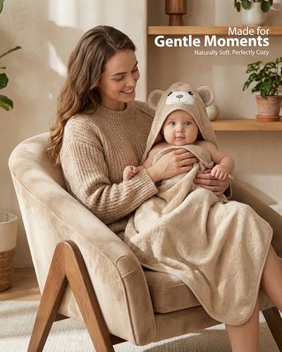 Image of MINIBOO Hooded Baby Towels for Newborn - Super Soft Baby Bath Towels with Hood, Highly Absorbent Viscose Made from Bamboo Hooded Towel for Infant, Toddler and Kids, Baby Essentials