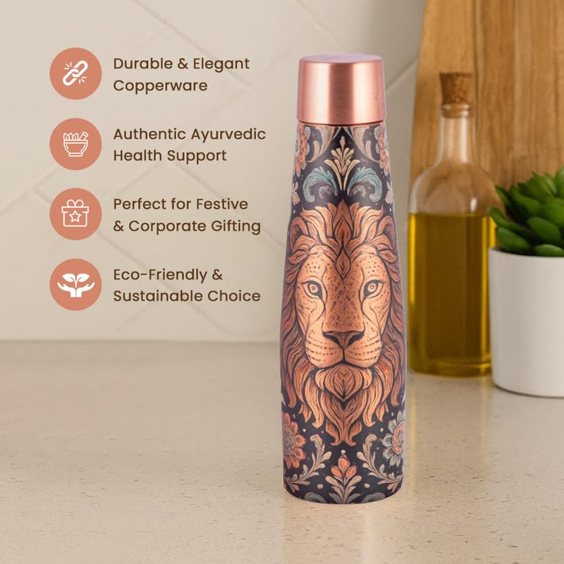 Image of Copper Bottle | Lion Motif | UV Printed Design | Pure Copper Water Bottle for Health & Wellness | 900 ml Capacity