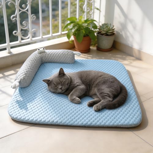 Zinueen Kühlmatte für Katzen und Hunde Katzenbett mit U-förmigem Kopfkissen kühlendes Hundebett waschbar kühlende Haustiermatte ohne Wasser/Strom (Blau 65X50CM)