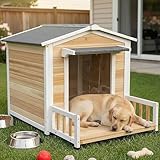WHEGETED Large Dog House Outdoor Indoor for Small Medium Large Dog DIY Paint Wood Insulated Dog Kennel Home with Durable Weatherproof Asphalt Roof Elevated Floor Outside Shelter White 43x33x32 Inch