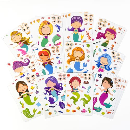 Stickers for Kids 36 Sheets Mermaid Stickers, Make a Face Sticker Party Favors Goodie Bag Stuffers Crafts Activities Gifts Games for Kids Birthday Classroom Graduation, Perfect Rainy Day Game Supplies