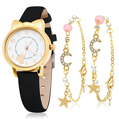 Hicarer TO-HICARER-4431 3 Pieces Kids Watch And Star Bracelet Children Quartz Watches, Including Cute Cat Pattern Watches Leather Quartz Watches 2 Pcs Beaded Chain Bracelets cover