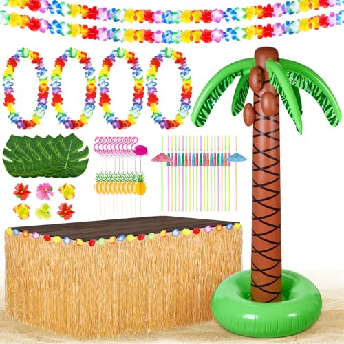 Hawaiian Luau Party Decorations Kit - 60PCS Tropical Summer Supplies with 62.2in Inflatable Palm Tree Grass Table Skirt Palm Leaves Hibiscus Garlands Fruit Straws & Cake Toppers for Aloha Theme Party