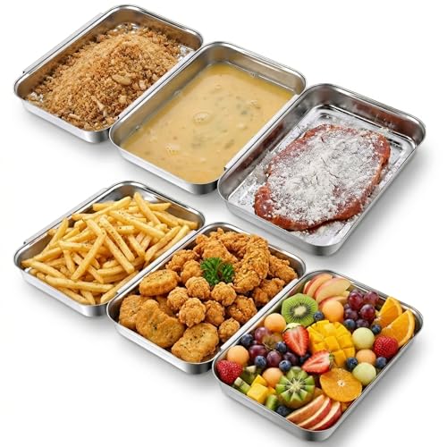 MySHUCE 6 Piece Breading Trays Stainless Steel Breading Set Interlocking Coating Trays Coating Tray for Dredging Chicken Fish Meat Food Prep Tray for Breadcrumb Dishes Oven Safe (8.6 x 5.8)