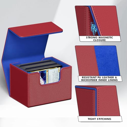 Image of ZLCA Card Deck Box for Trading Cards, MTG Commander Deck Box Holds 120+ Single Sleeved Cards, Leather Magnetic Card Storage Box Fits for TCG CCG Magic Cards (Red&Blue)