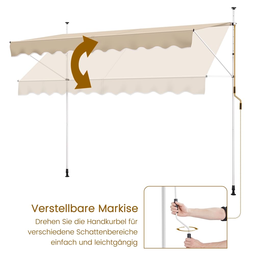 Yaheetech Klemmmarkise 300cm Breit Balkonmarkise mit Handkurbel Sonnenschutz ohne Bohren Sonnenmarkise höhenverstellbar Markise mit Gestell, Beige