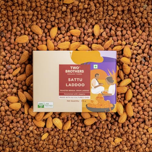 Image of TWO BROTHERS ORGANIC FARMS Sattu Laddoo (175 g) | Wholesome, Nutritious & Delicious | Made with Jaggery, Roasted Almonds & Desi Gir Cow Ghee | No Refined Sugar | High in Iron & Protein | Traditional & Guilt-Free Treat