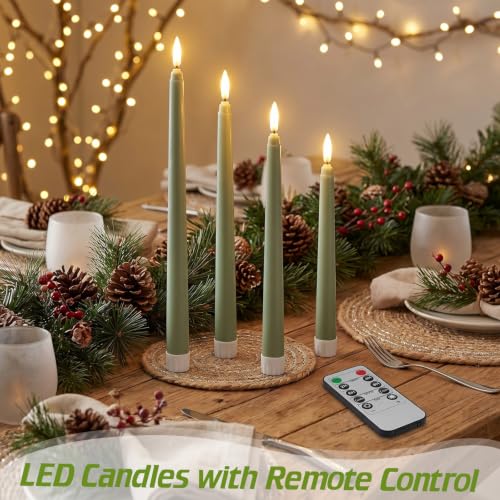 Image of Rossesay 16 Pcs Sage Green Flameless Taper Candles Battery Operated Candles with Remote Timer 8.5 inch 9.6 inch 10.8 inch 12.8 inch Multiple Sizes LED Flickering Candlestick for Wedding Party Centerpieces Decor
