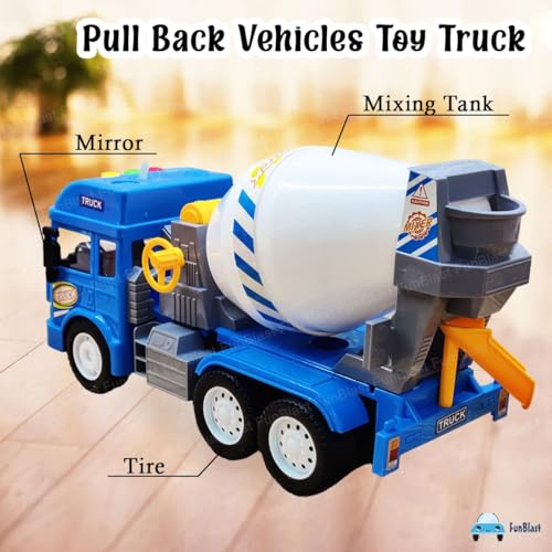 Image of FunBlast Cement Mixer Truck Toy, Pull-Back Construction Vehicle for Kids, 3+ Years, Unisex, Multicolor